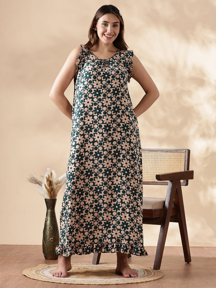 Floral Forest Peach Sleeveless Nighty for Women In Rayon