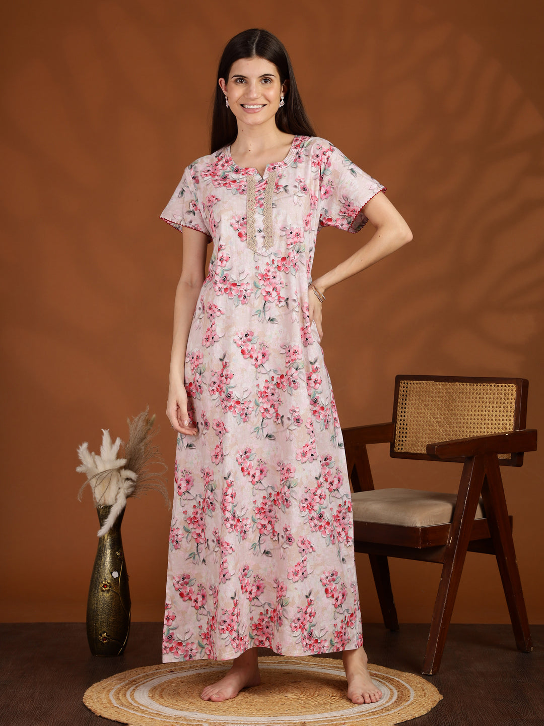 Floral Pink Full Length Pure Cotton Night dress for Women Cotton / XXL/50