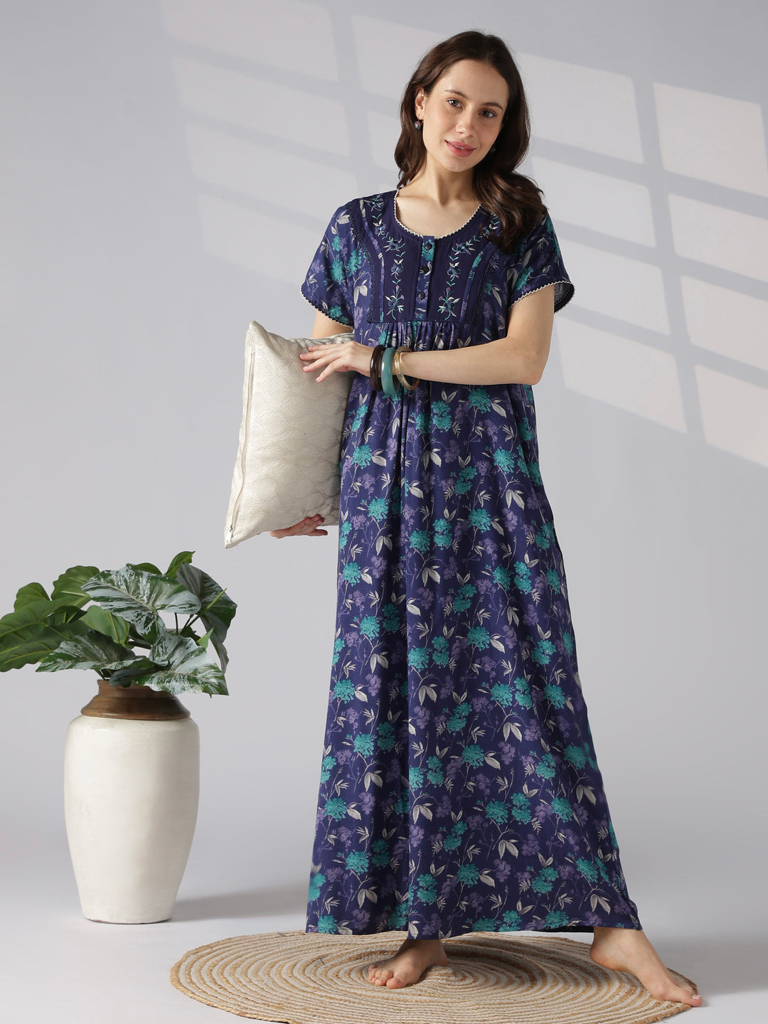 Floral alpine nighty for women with pocket and buttons