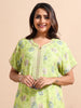 Flower Green Printed Maxi Nightdress with Side Pocket and Embroidery
