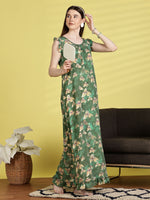 Saheli Floral Sleeveless Nighty in Flower Green with Frill Sleeves