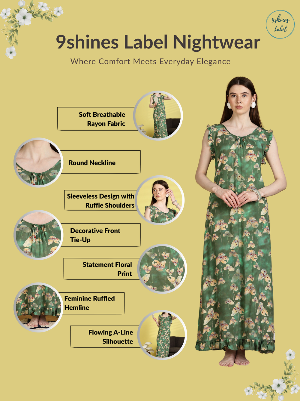 Rayon Flower Green Sleeveless Nighty for Women