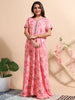 Flower Pink Floral Print A Line Nighty with Embroidered Neckline
