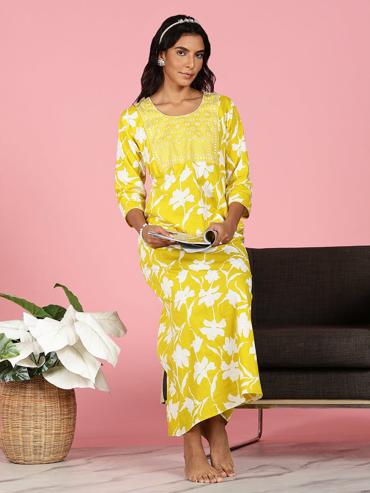 Branded Sunshine Yellow Jaipuri Cotton Nighty for Women