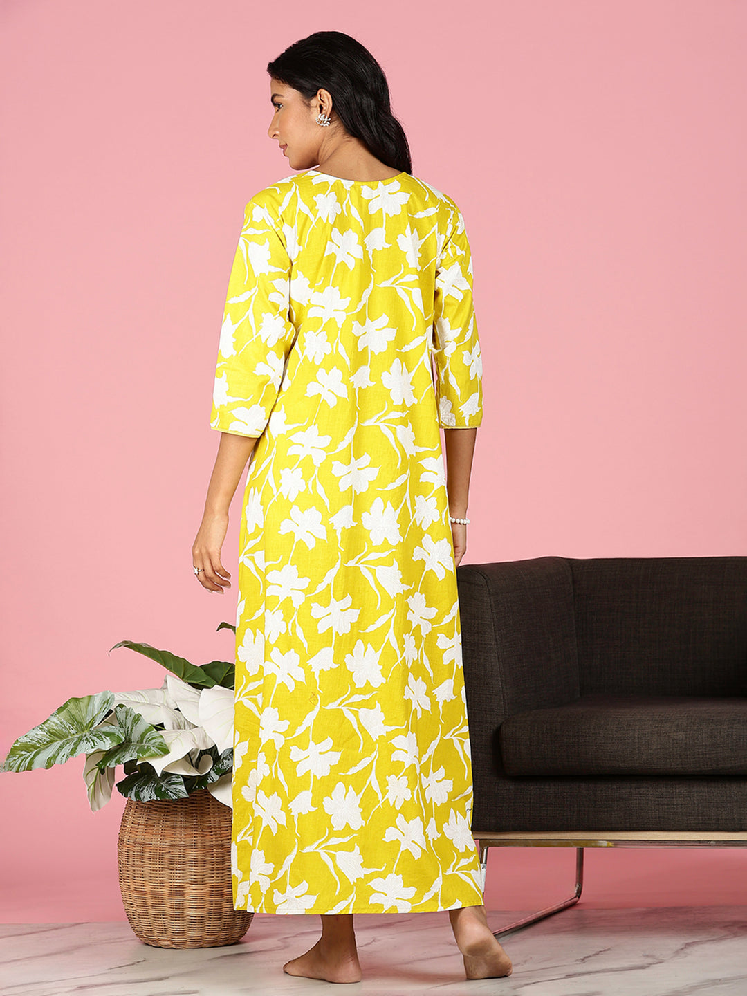 Branded Sunshine Yellow Jaipuri Cotton Nighty for Women