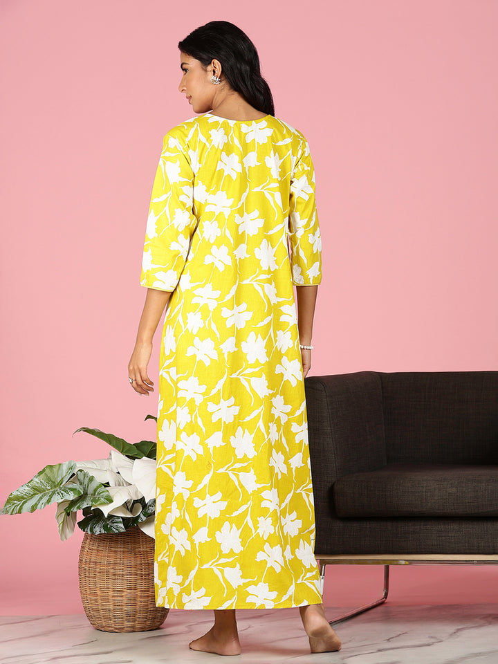 Branded Sunshine Yellow Jaipuri Cotton Nighty for Women
