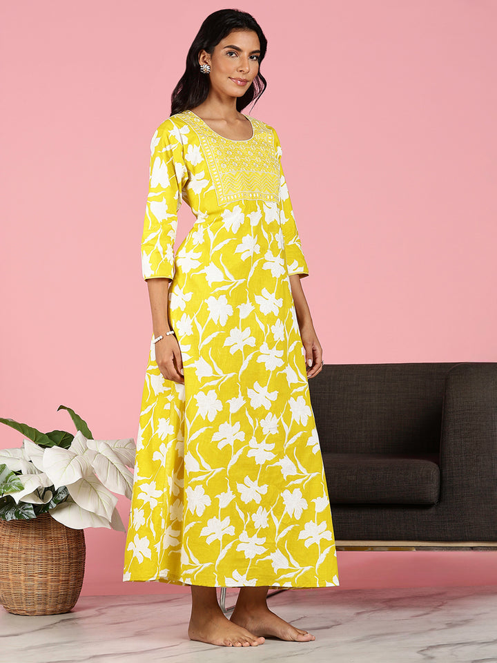 Branded Sunshine Yellow Jaipuri Cotton Nighty for Women
