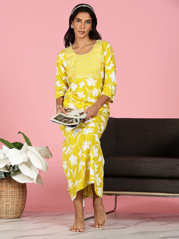 Branded Sunshine Yellow Jaipuri Cotton Nighty for Women
