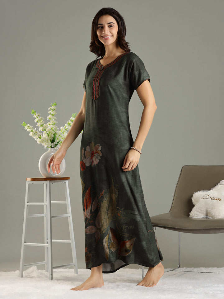 Forest Green Alpine Nighty For Women with Pocket