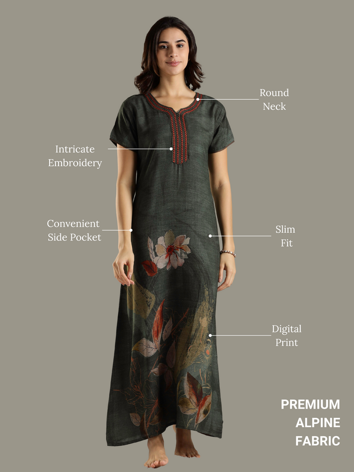 Forest Green Alpine Nighty For Women with Pocket