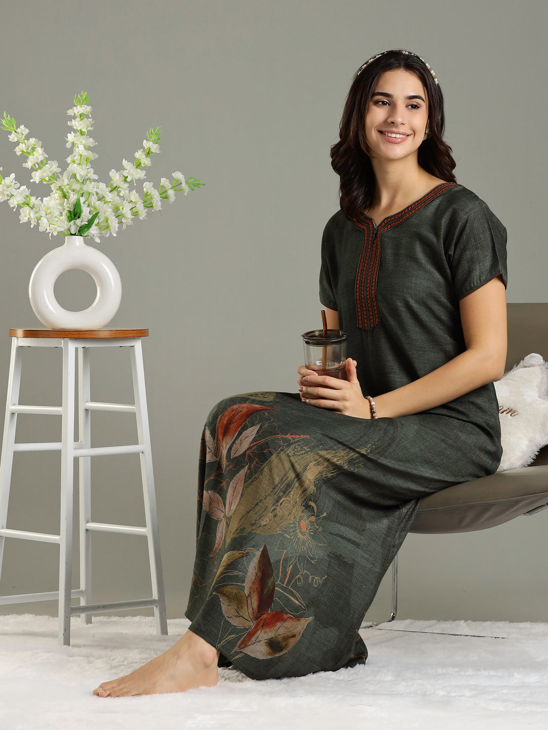 Forest Green Alpine Nighty For Women with Pocket
