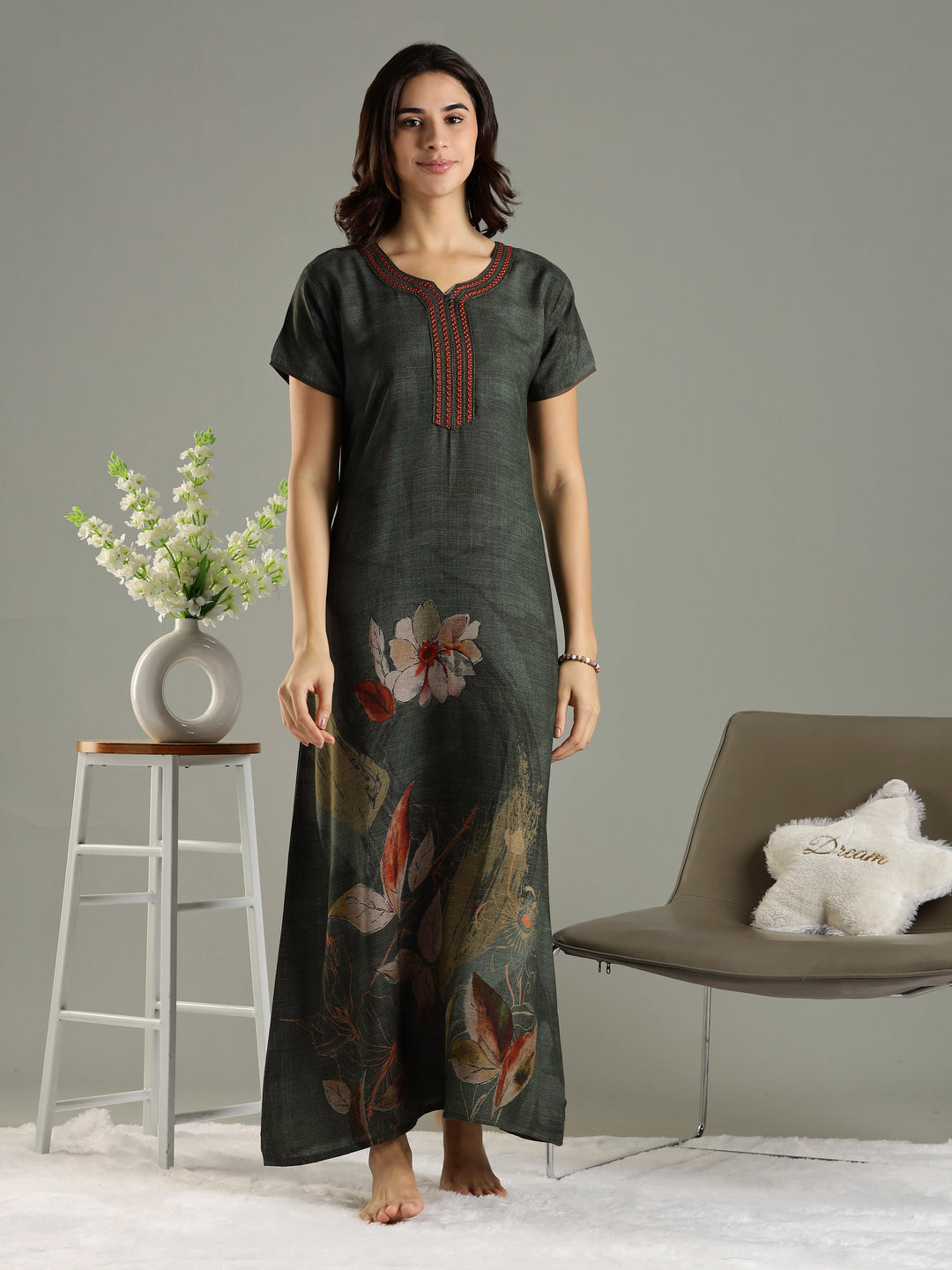 Forest Green Alpine Nighty For Women with Pocket