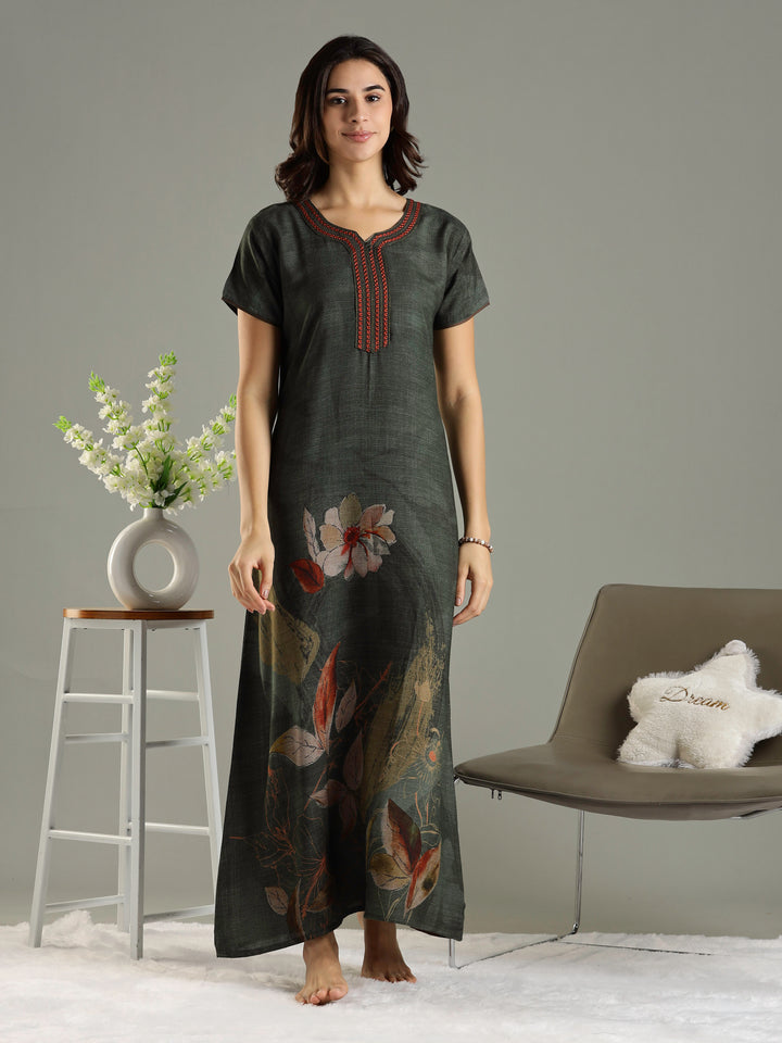 Forest Green Alpine Nighty For Women with Pocket