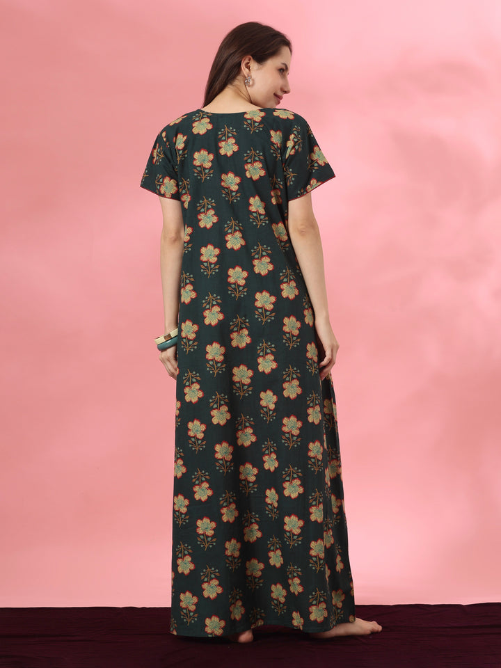 Pure Cotton Floral A Line Nighty with Kantha Embroidery in Mahek Forest