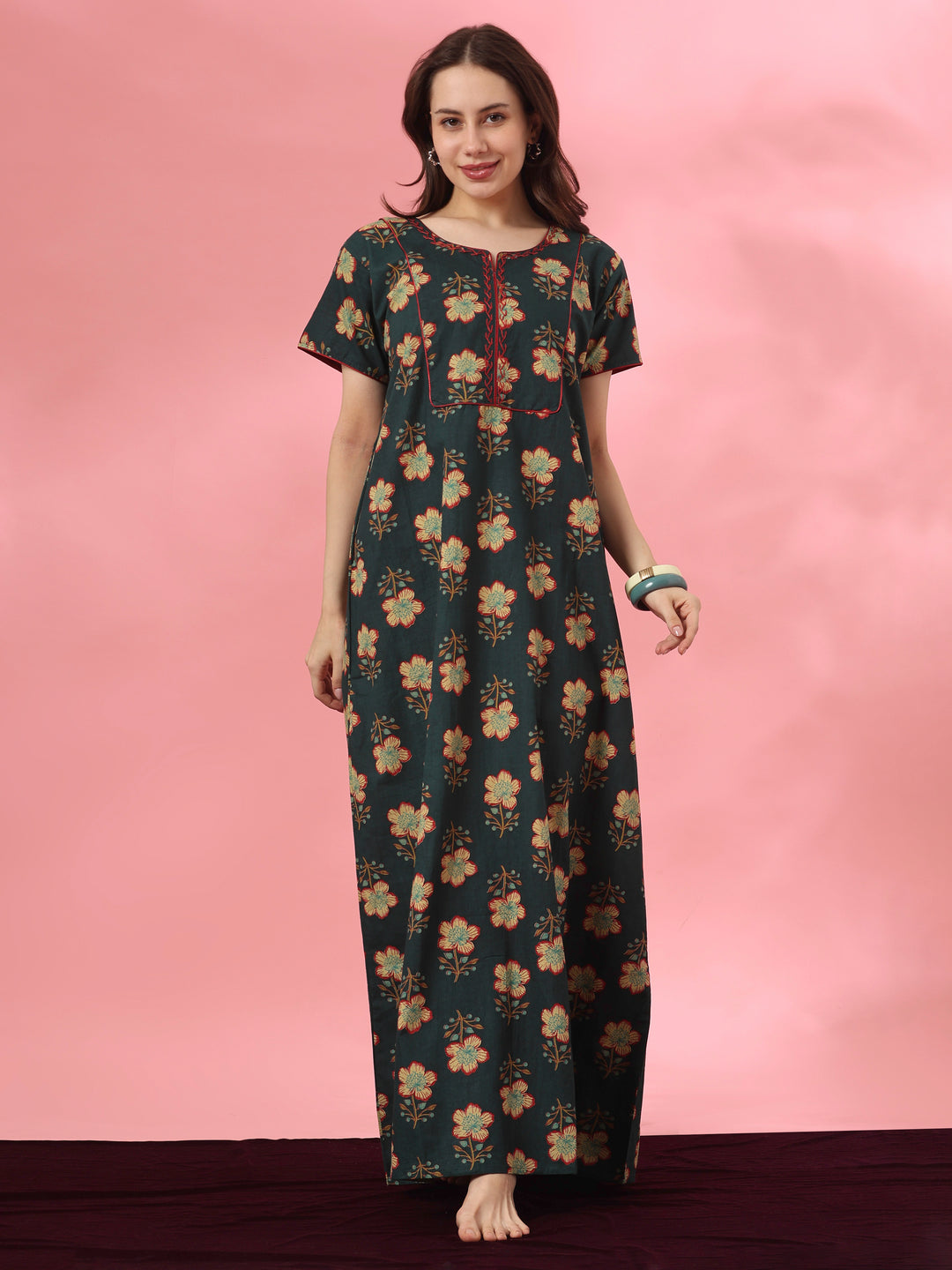 Pure Cotton Floral A Line Nighty with Kantha Embroidery in Mahek Forest