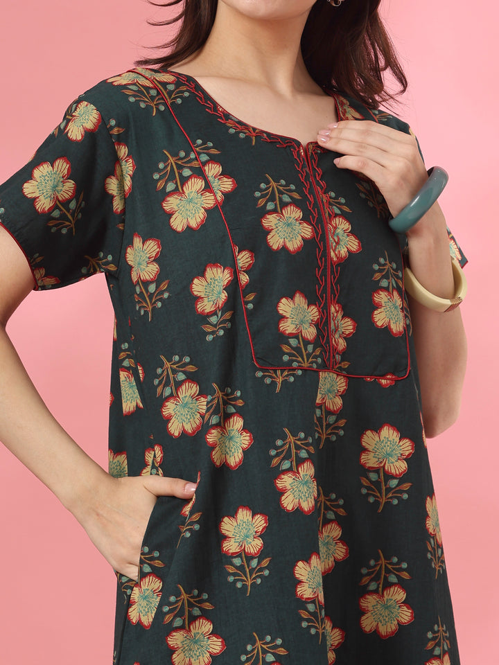 Pure Cotton Floral A Line Nighty with Kantha Embroidery in Mahek Forest