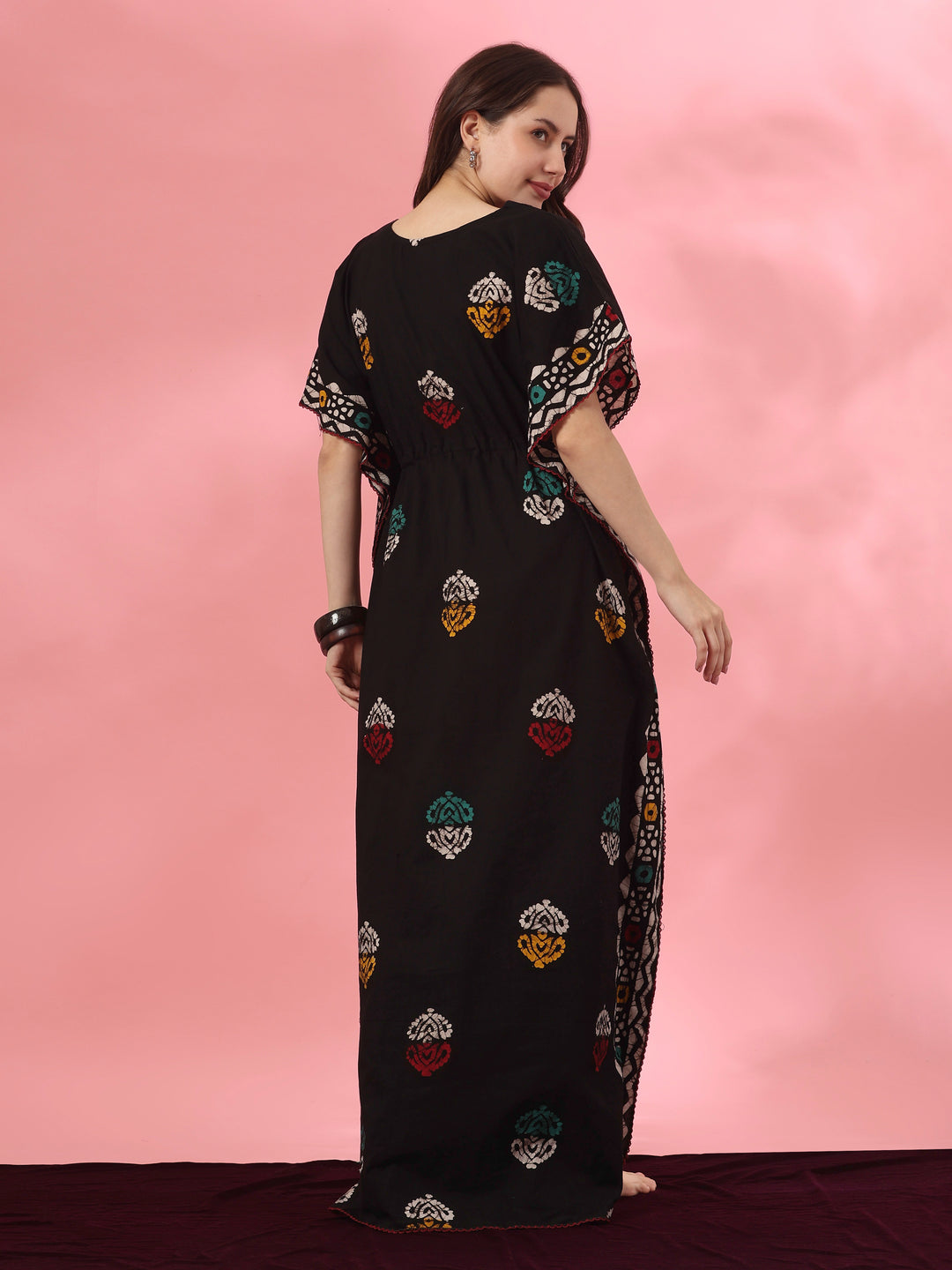 Black Motif Pure Cotton Kaftan with V Neck and Batwing Sleeves