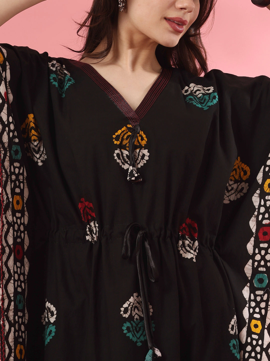 Black Motif Pure Cotton Kaftan with V Neck and Batwing Sleeves