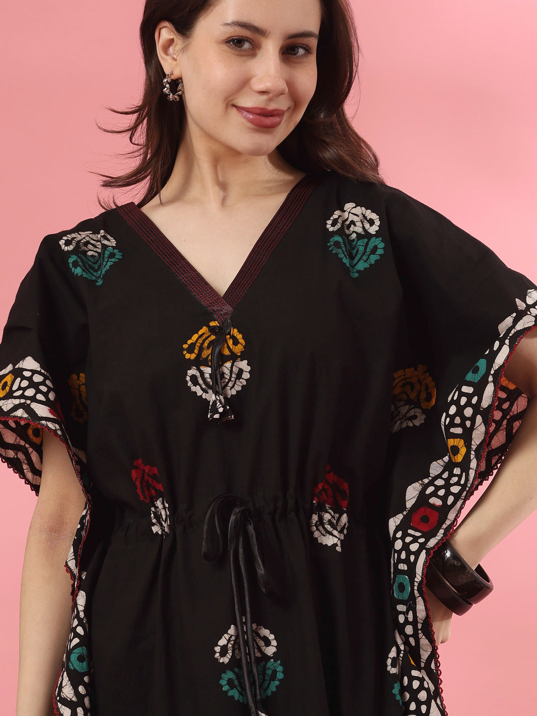 Black Motif Pure Cotton Kaftan with V Neck and Batwing Sleeves