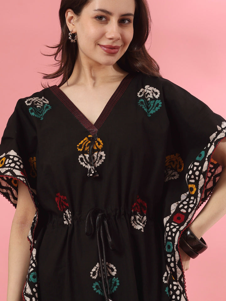 Black Motif Pure Cotton Kaftan with V Neck and Batwing Sleeves