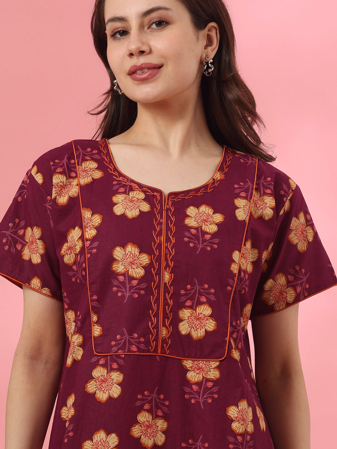 A-Line Pure Cotton Floral Nighty with Embroidered Neck in Mahek Purple