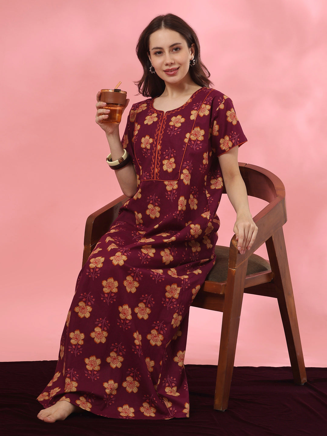 A-Line Pure Cotton Floral Nighty with Embroidered Neck in Mahek Purple