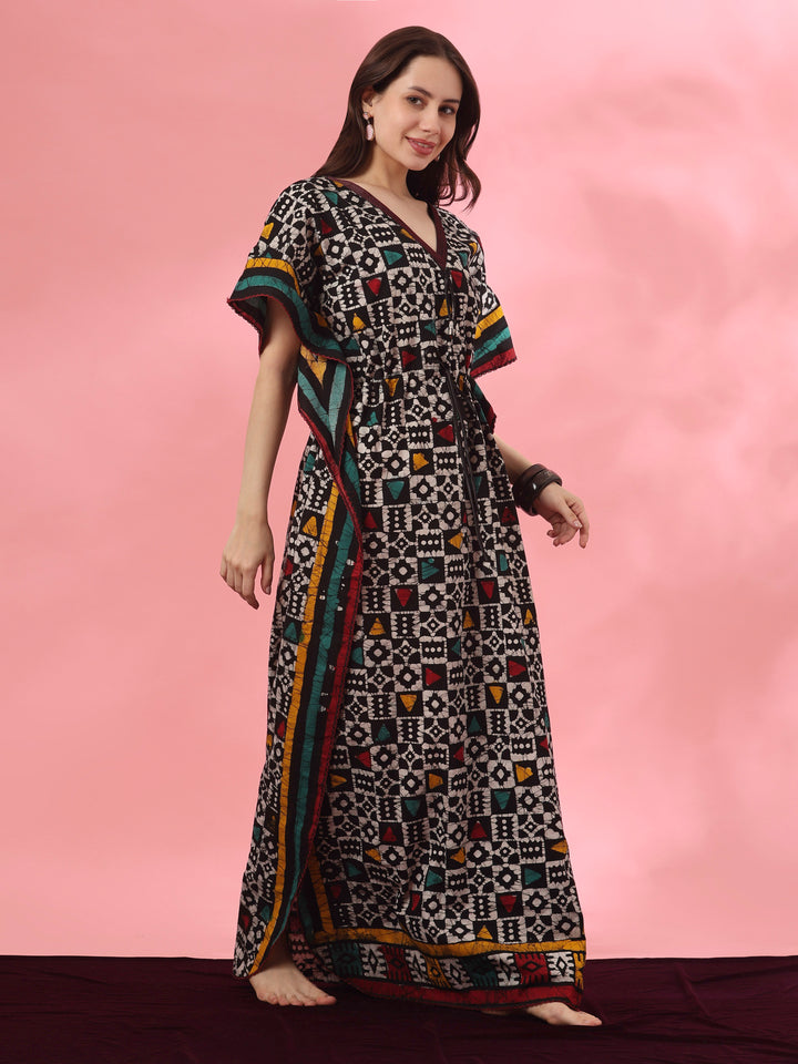Hand Block Batik Cotton Kaftan with Adjustable Drawstring in Black Boho