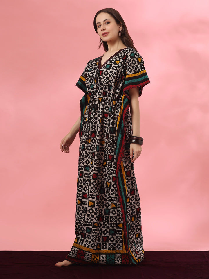 Hand Block Batik Cotton Kaftan with Adjustable Drawstring in Black Boho