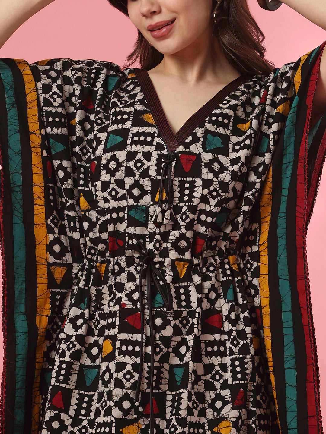 Hand Block Batik Cotton Kaftan with Adjustable Drawstring in Black Boho