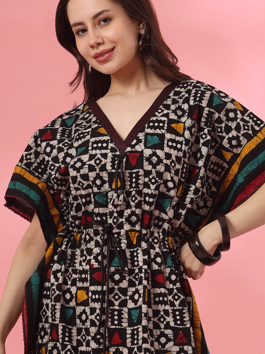 Hand Block Batik Cotton Kaftan with Adjustable Drawstring in Black Boho