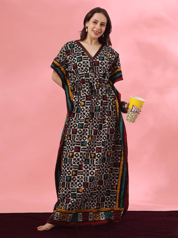 Hand Block Batik Cotton Kaftan with Adjustable Drawstring in Black Boho
