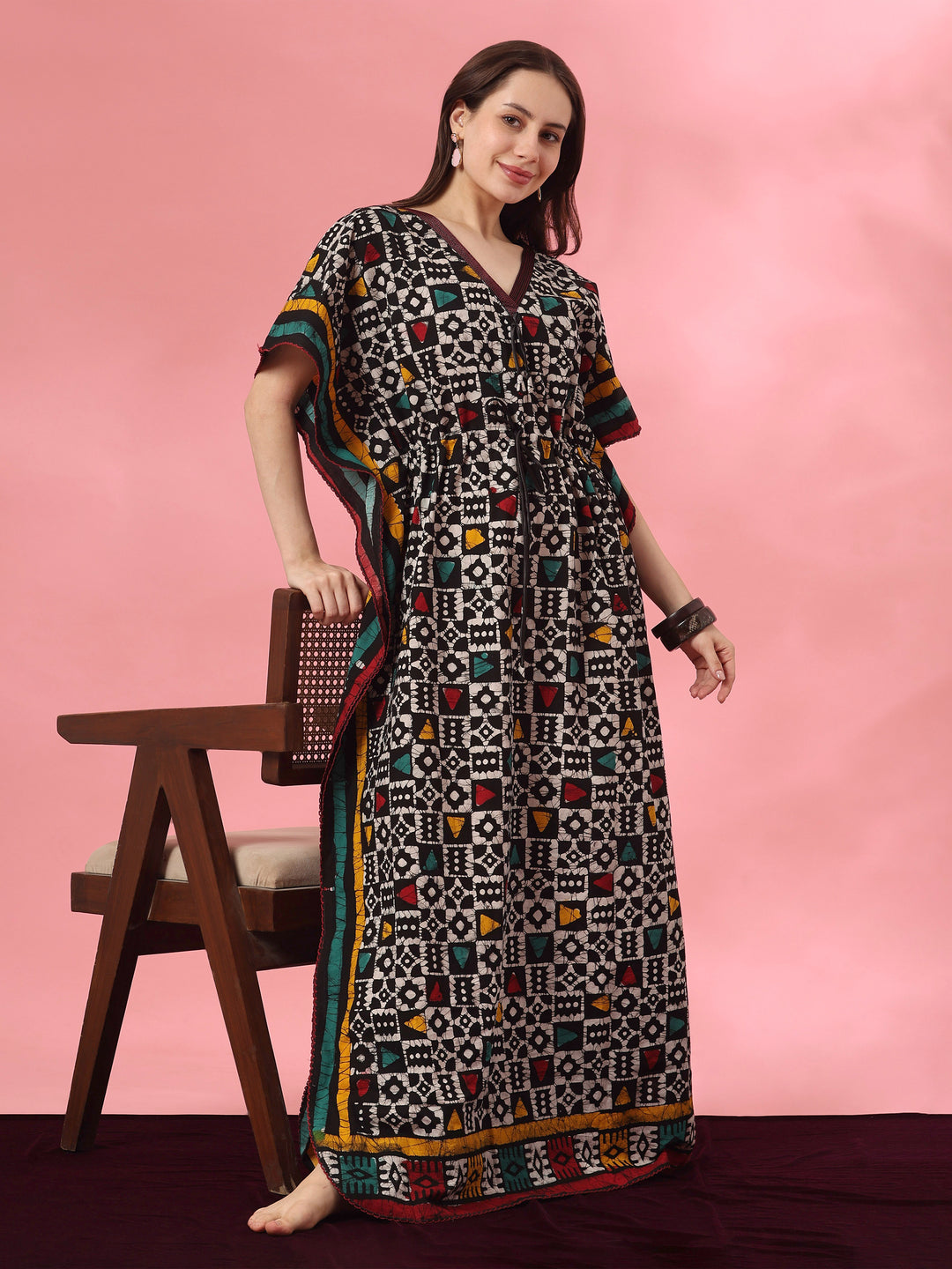 Hand Block Batik Cotton Kaftan with Adjustable Drawstring in Black Boho