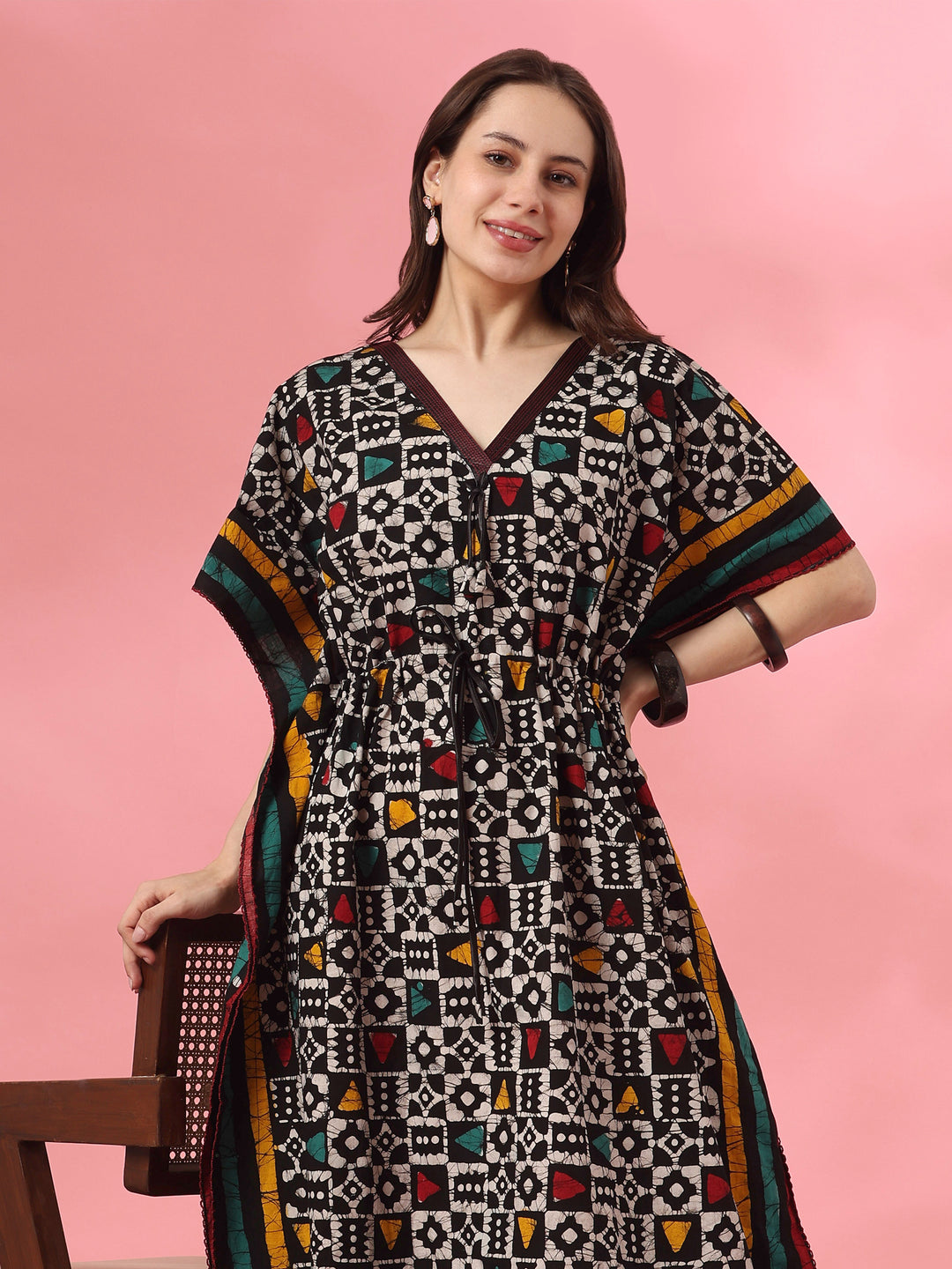 Hand Block Batik Cotton Kaftan with Adjustable Drawstring in Black Boho