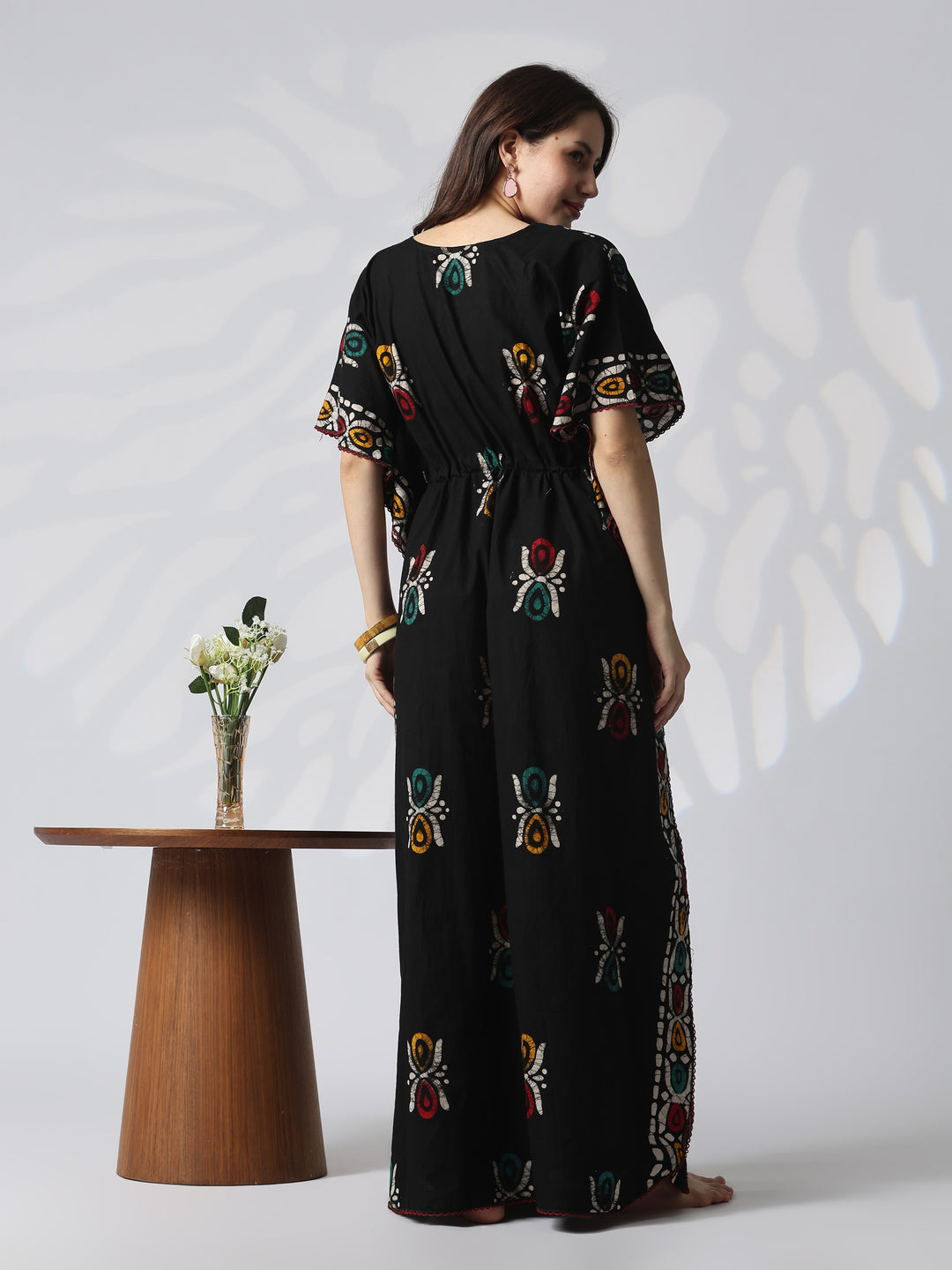 Curved V Neck Cotton Kaftan with Hand Block Batik Print in Black Paisley