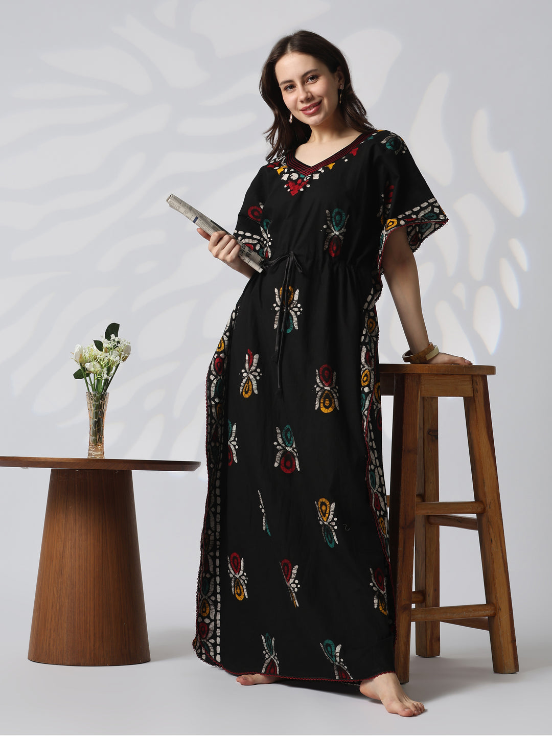 Curved V Neck Cotton Kaftan with Hand Block Batik Print in Black Paisley