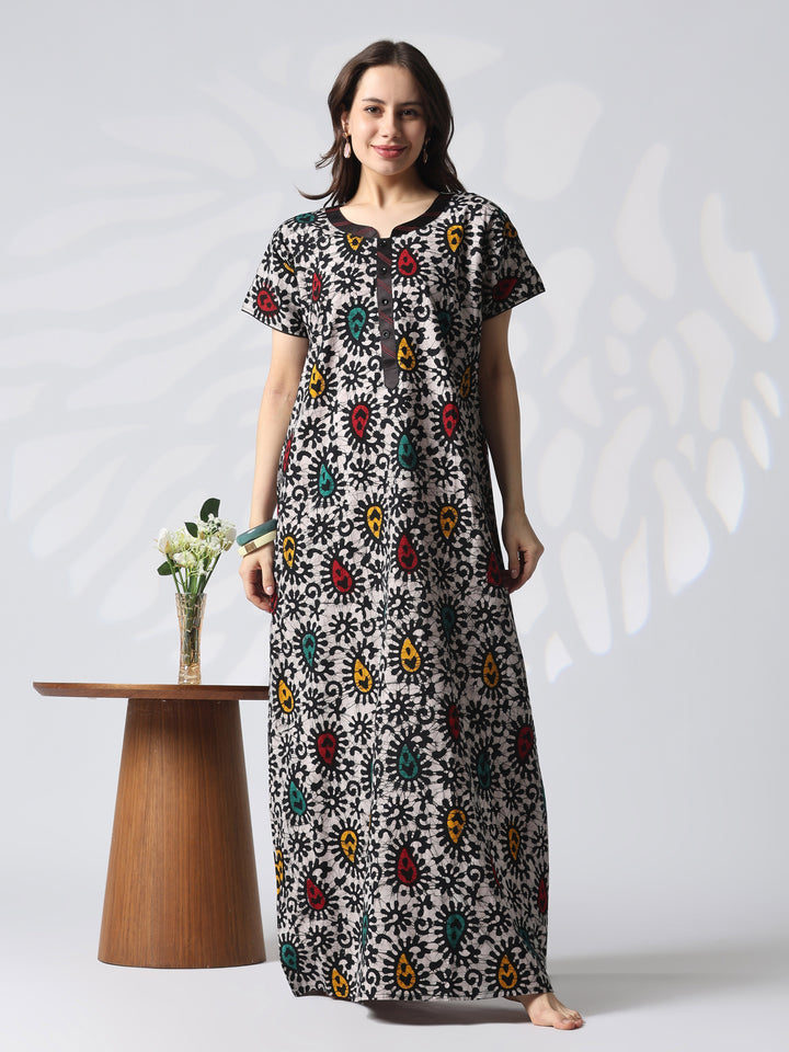 Pure Cotton Batik Leaf Print Nighty for Women