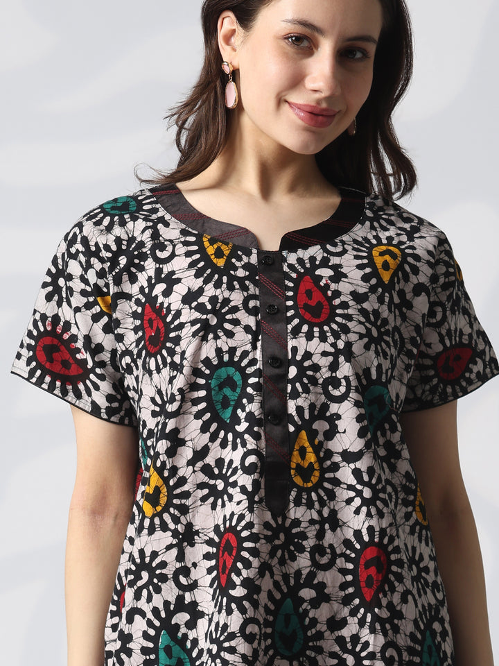 Pure Cotton Batik Leaf Print Nighty for Women
