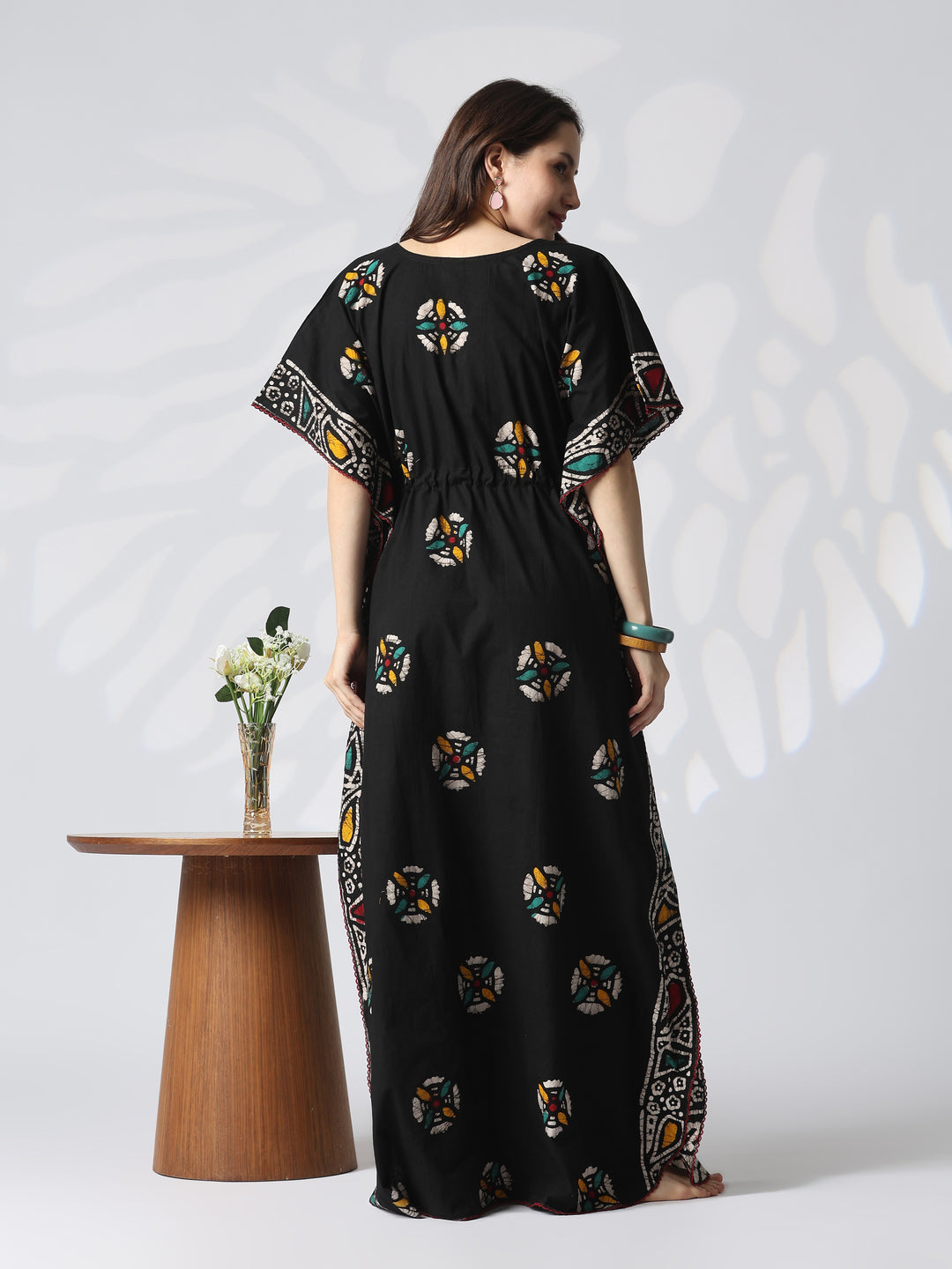 Black Batik Pure Cotton Kaftan with Batwing Sleeves and Drawstring