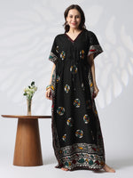 Black Batik Pure Cotton Kaftan with Batwing Sleeves and Drawstring