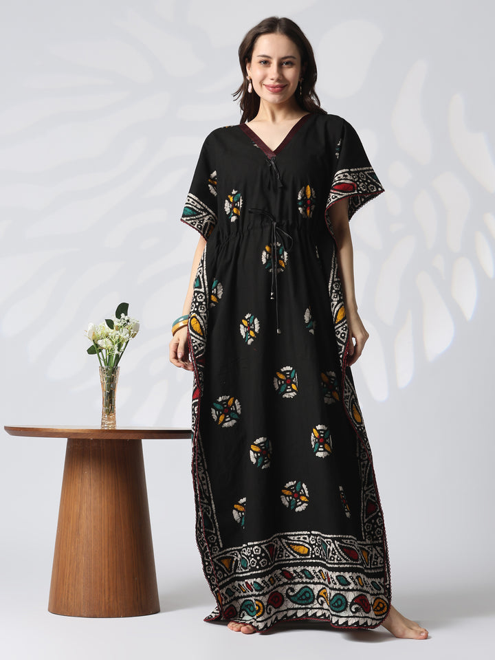 Black Batik Pure Cotton Kaftan with Batwing Sleeves and Drawstring