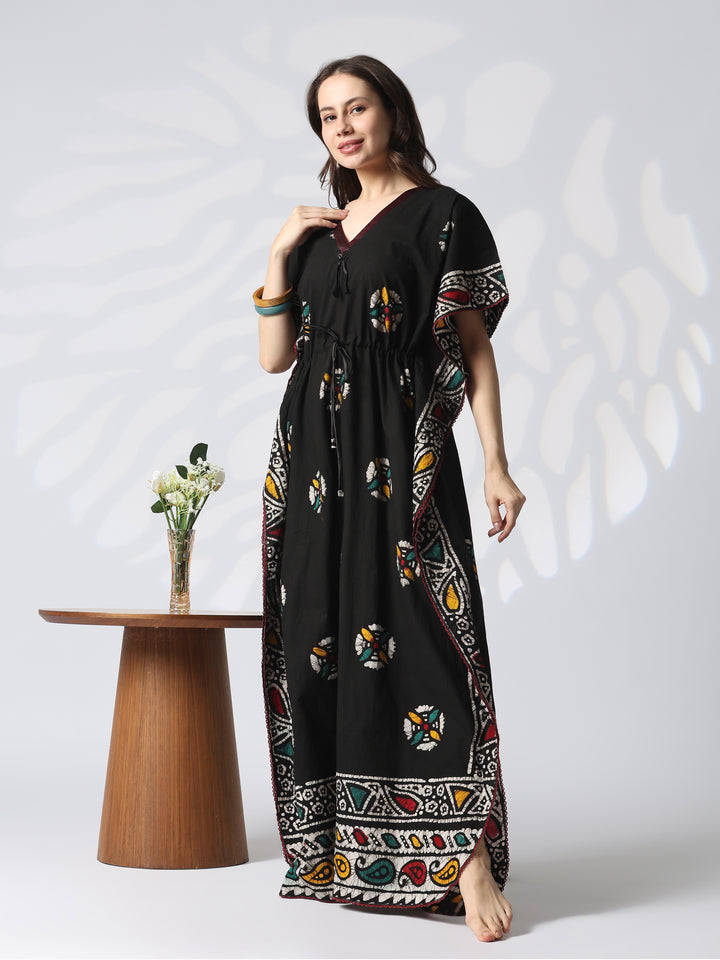 Black Batik Pure Cotton Kaftan with Batwing Sleeves and Drawstring