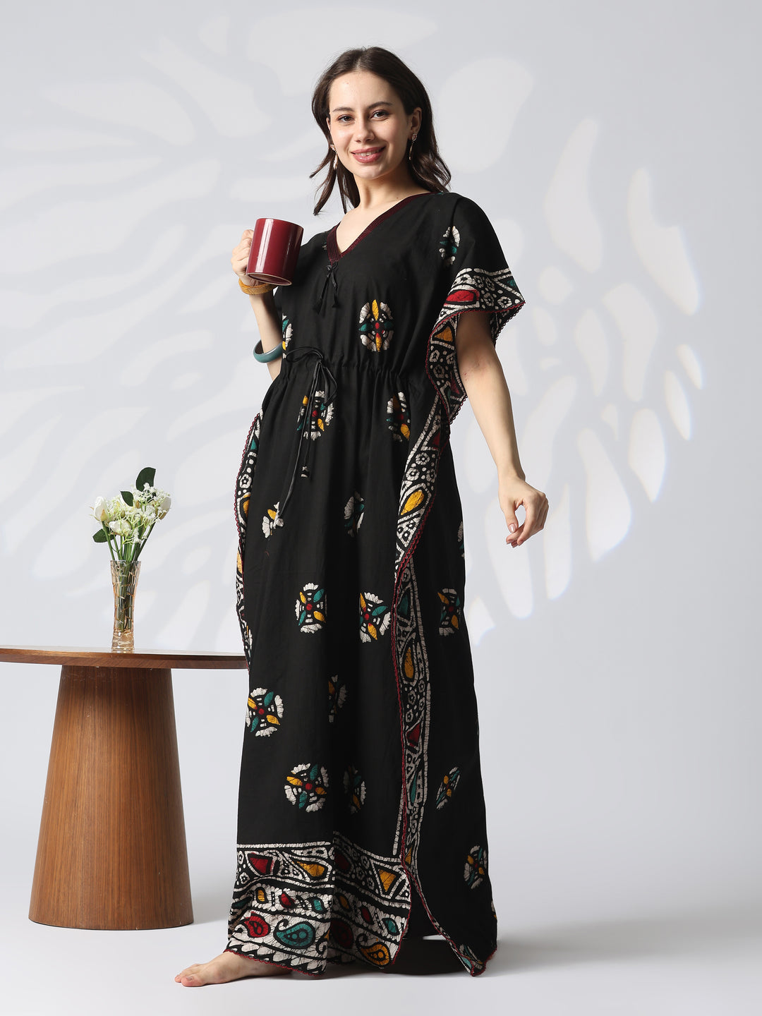 Black Batik Pure Cotton Kaftan with Batwing Sleeves and Drawstring