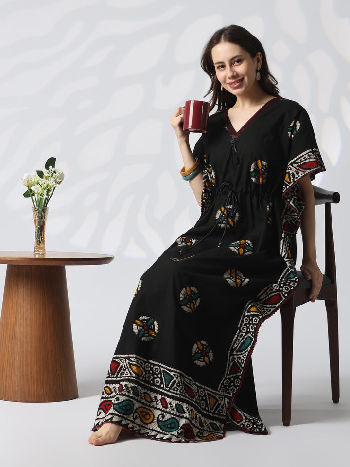 Black Batik Pure Cotton Kaftan with Batwing Sleeves and Drawstring