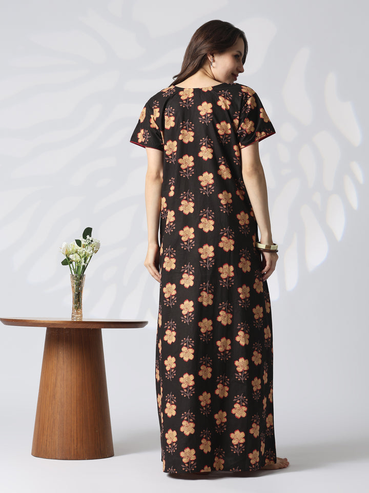 Kantha Embroidered Pure Cotton Floral Nighty in Mahek Black