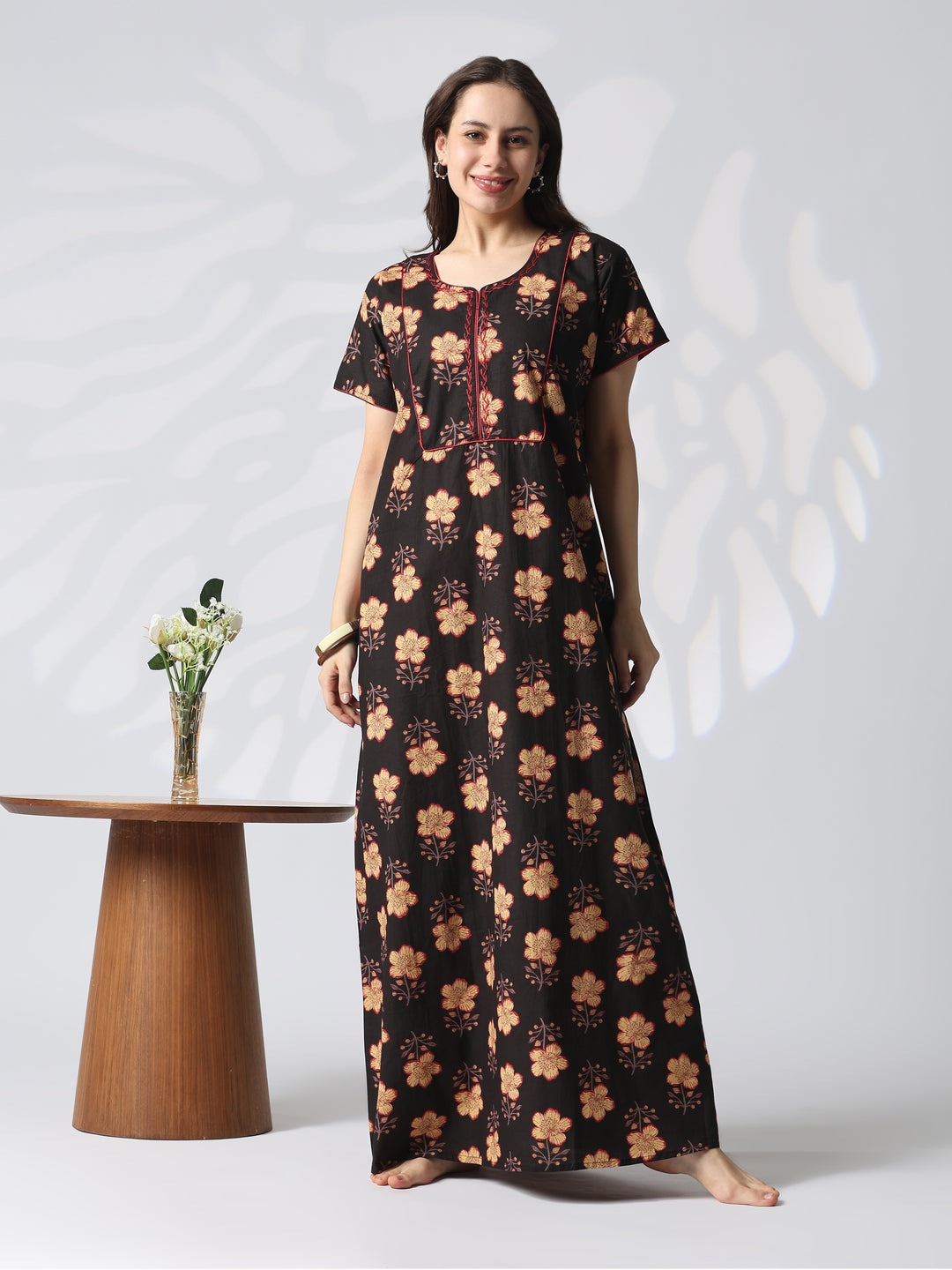 Kantha Embroidered Pure Cotton Floral Nighty in Mahek Black