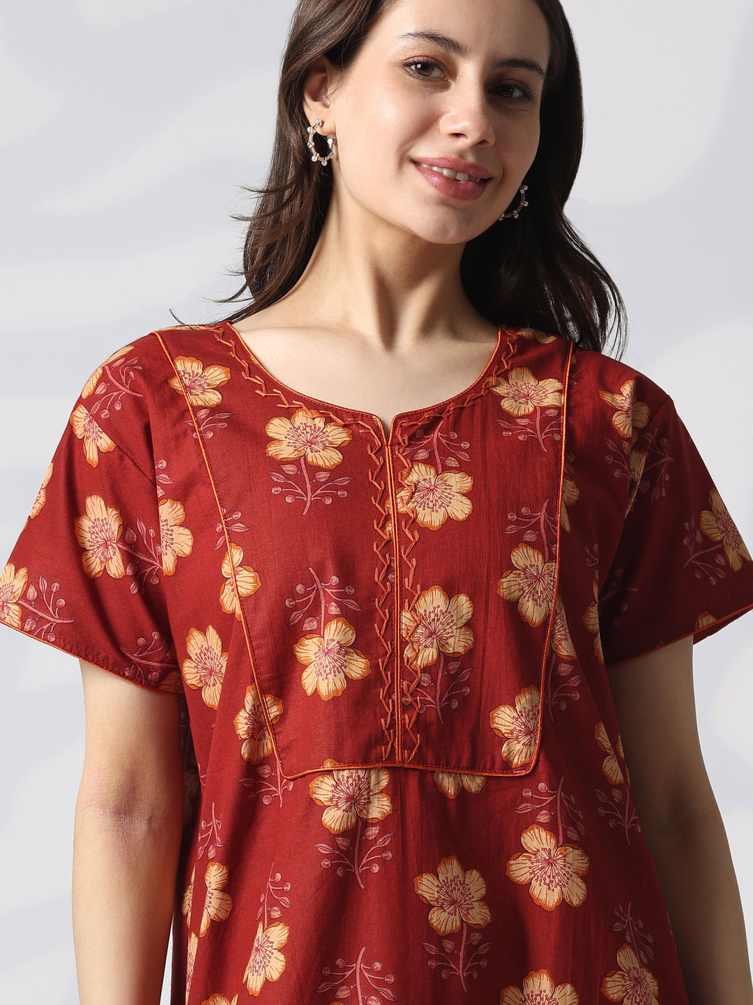 Floral Pure Cotton Designer Nighty with Embroidered Neck in Mahek Orange