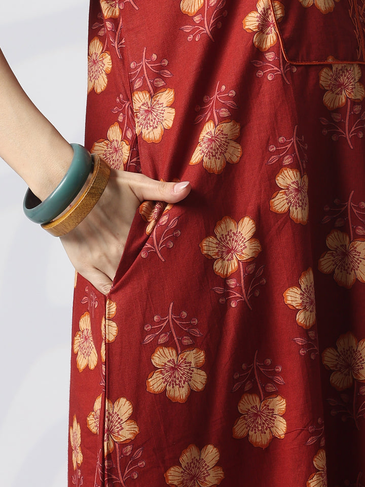 Floral Pure Cotton Designer Nighty with Embroidered Neck in Mahek Orange