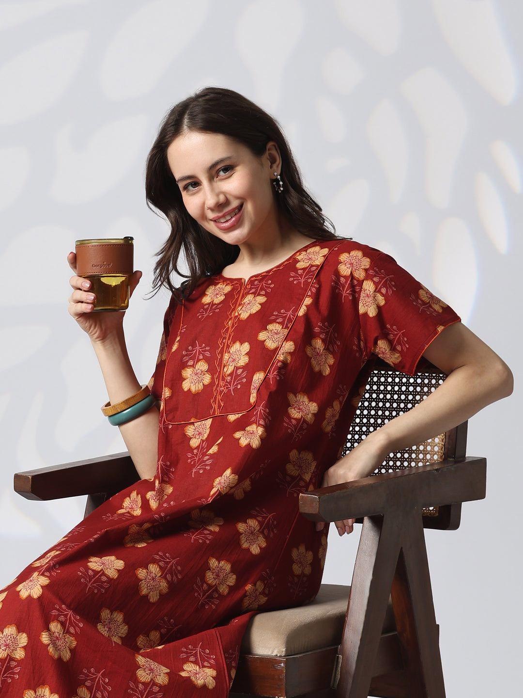 Floral Pure Cotton Designer Nighty with Embroidered Neck in Mahek Orange