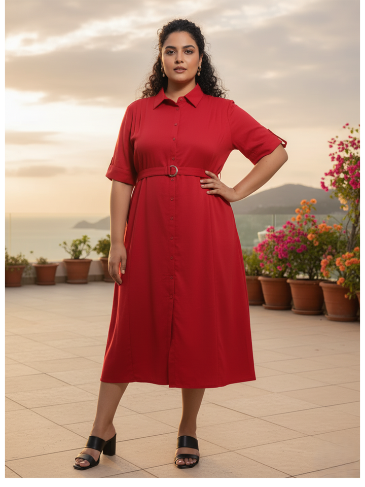 Polyester Collared Neck Red Plus Size Dresses India