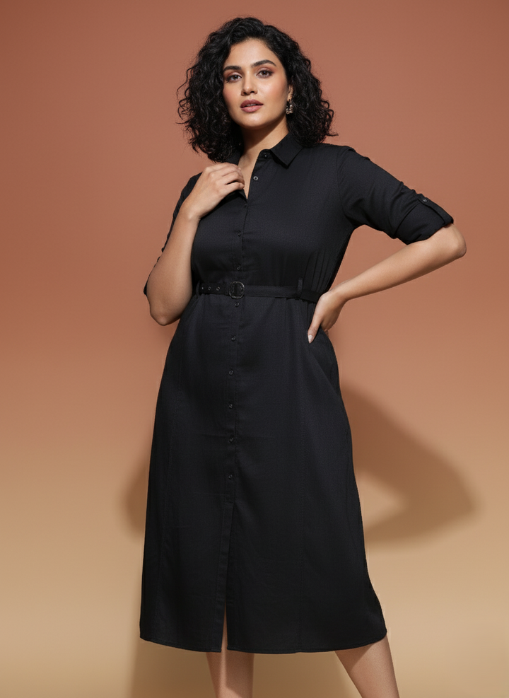 Plus Size Dresses – Polyester Collared Neck Charcoal Black